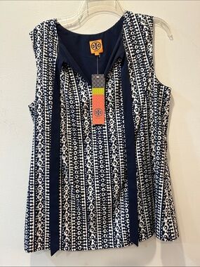 Tory Burch Navy and White Printed Sleeveless Blouse with Geometric Pattern